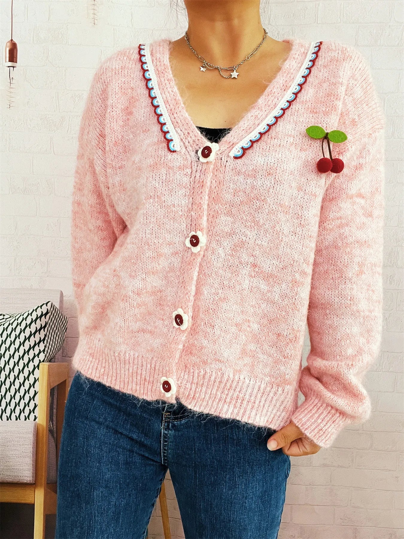 Cherry Button-Front Long Sleeve Cardigan