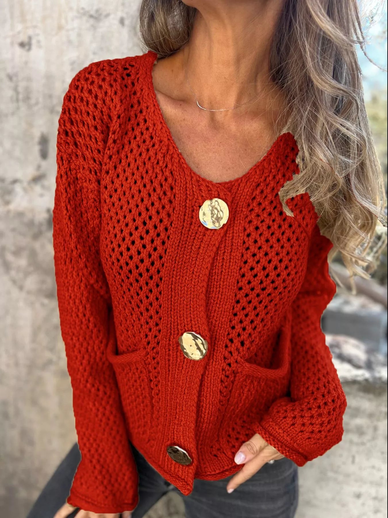 Crochet Button Up Long Sleeve Cardigan