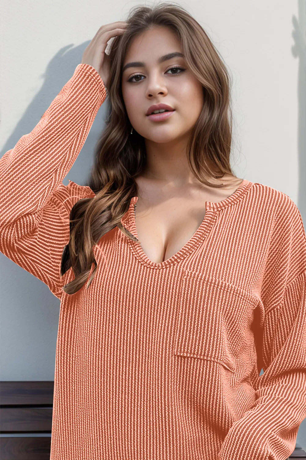 Double Take Striped Notched Long Sleeve T-Shirt NicholesGifts