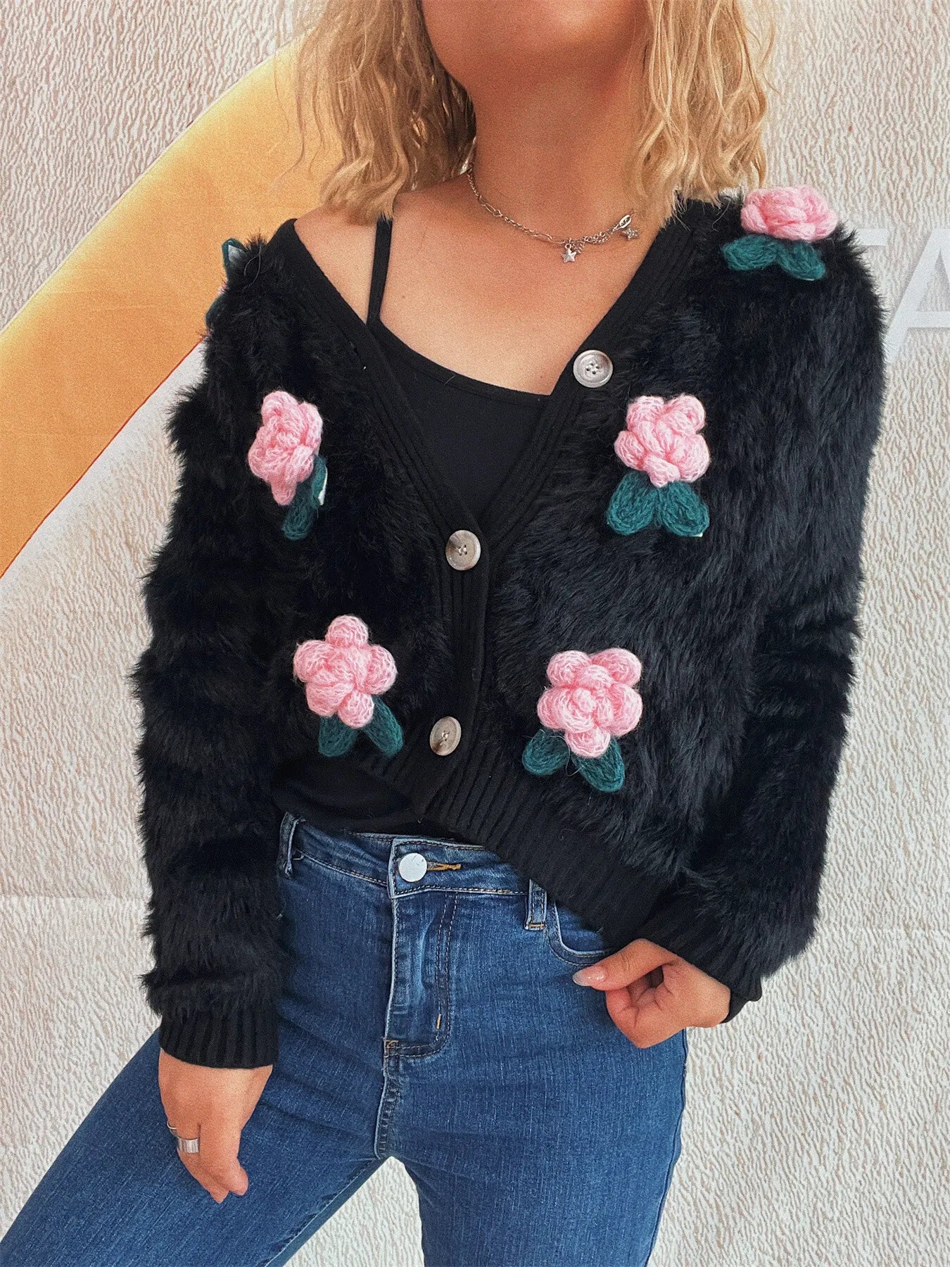 Flower Fuzzy Button-Up Cardigan