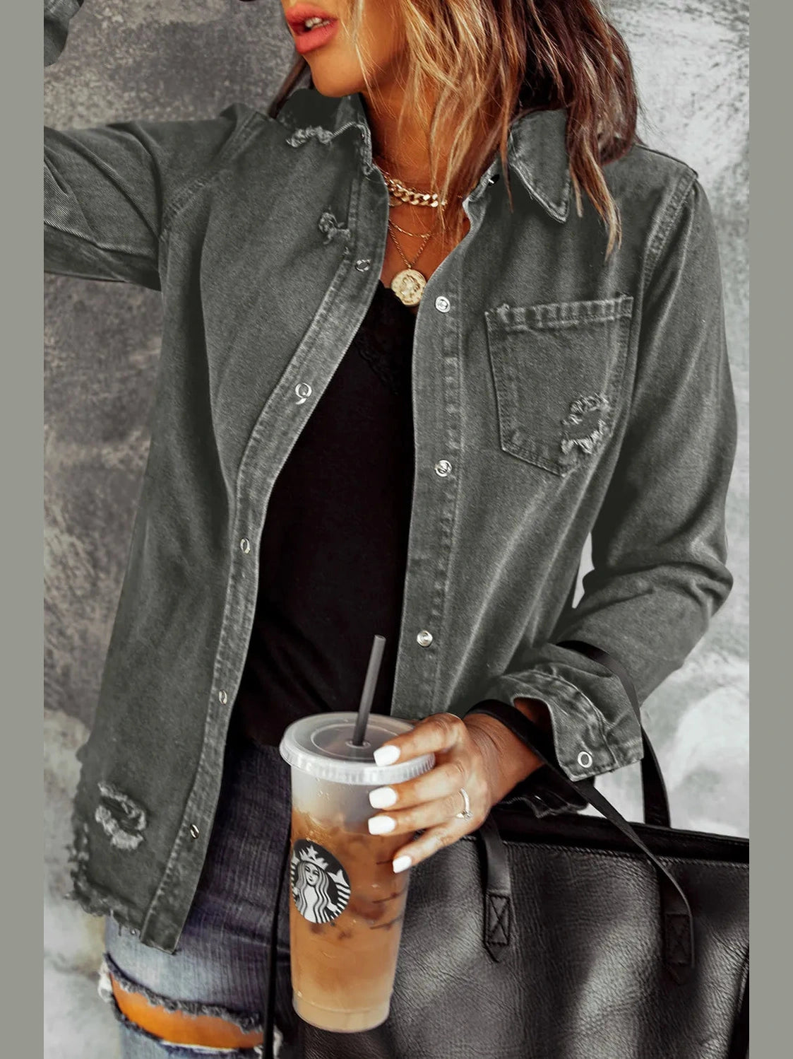 Distressed Raw Hem Snap Down Denim Jacket nicholesgifts