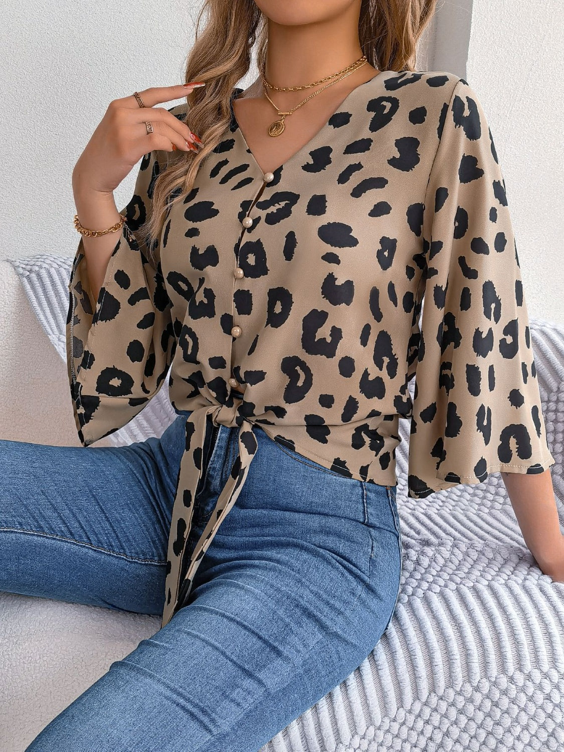 Tied Button Up Leopard V-Neck Blouse nicholesgifts