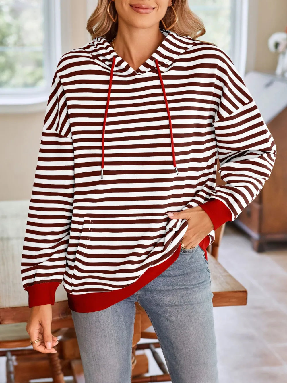 Lovelet Drawstring Striped Long Sleeve Hoodie Trendsi