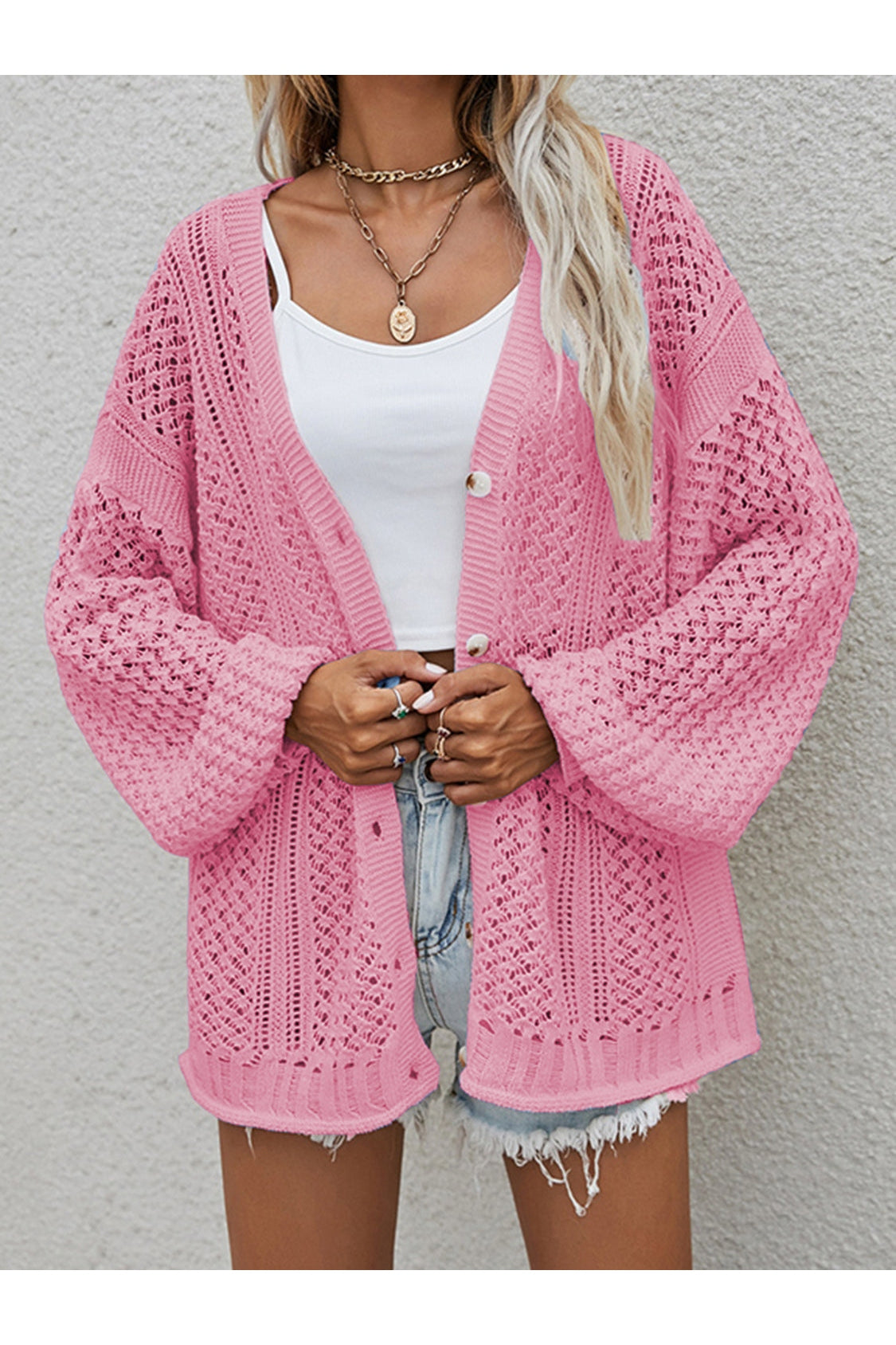 Openwork Button Front Cardigan nicholesgifts