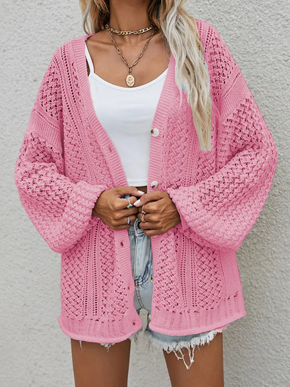 Openwork Button Front Cardigan nicholesgifts