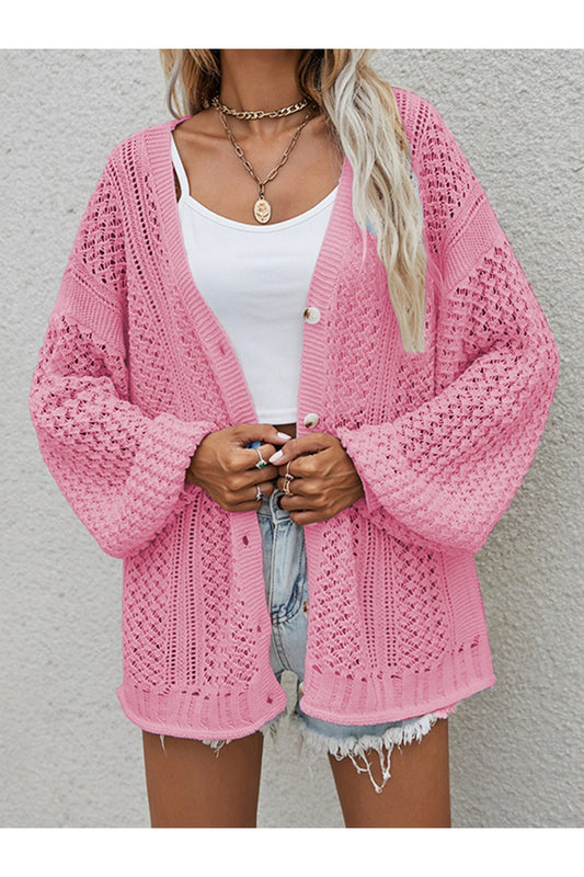 NicholesGifts Women Openwork Button Front Cardigan NicholesGifts