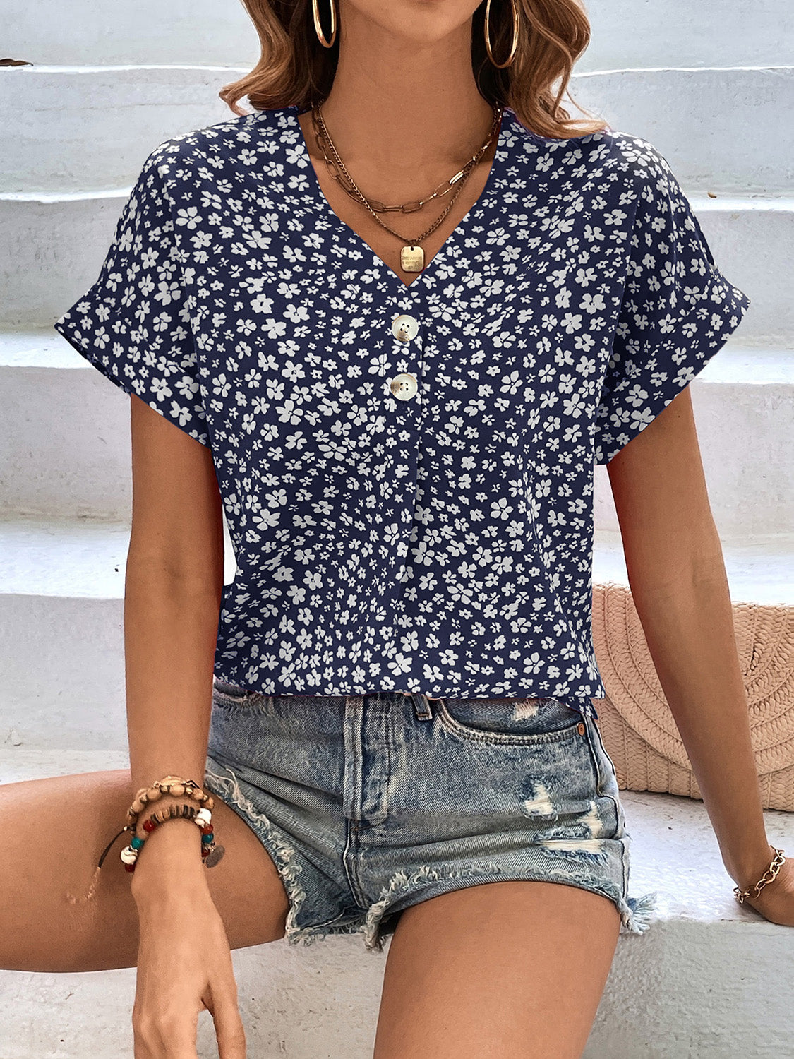 Printed V-Neck Short Sleeve Blouse nicholesgifts