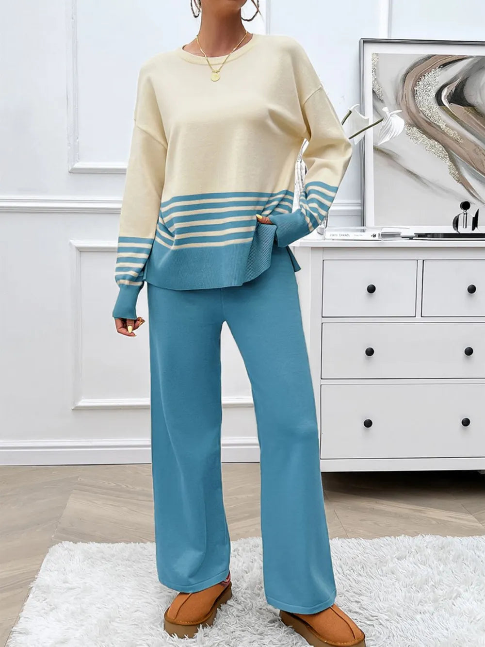 Devine Slit Striped Round Neck Top and Pants Sweater Set nicholesgifts