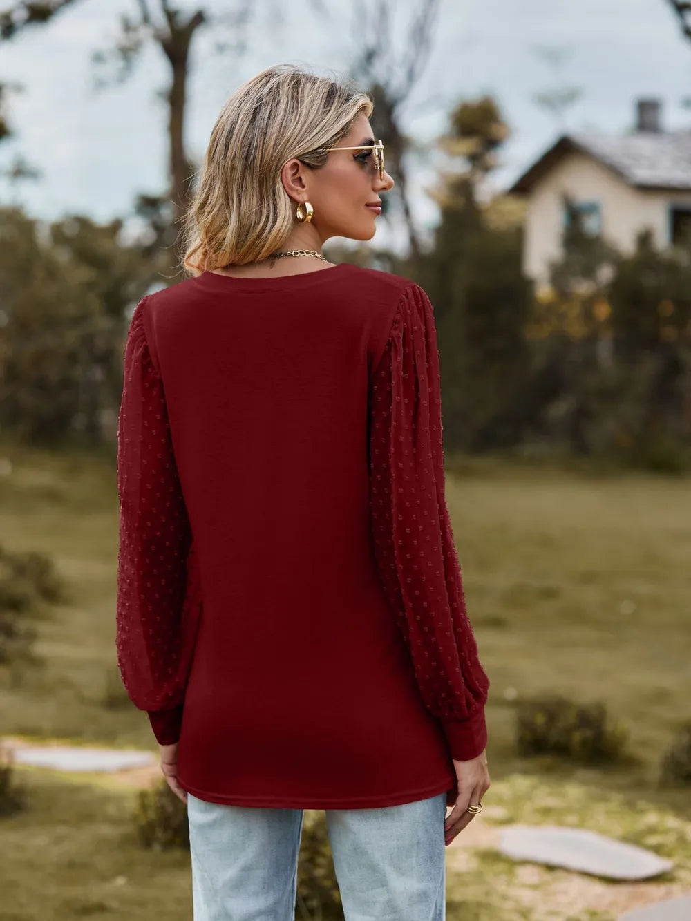 Swiss Dot V-Neck Long Sleeve Blouse NicholesGifts