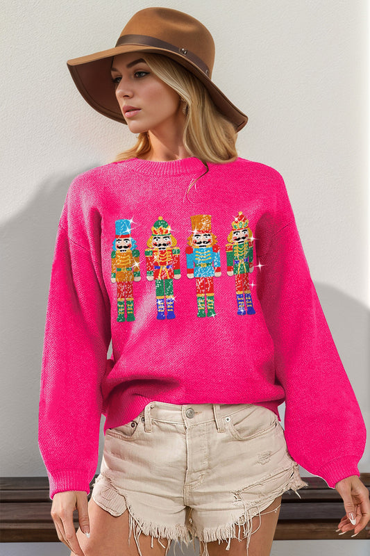 Double Take Full Size Sequin Nutcracker Long Sleeve Sweater NicholesGifts
