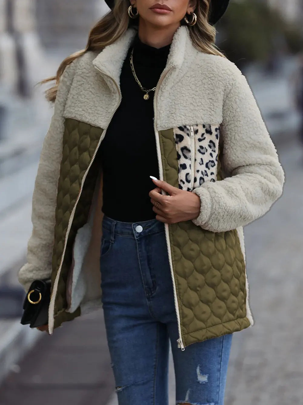 Leopard Color Block Zip-Up Jacket nicholesgifts