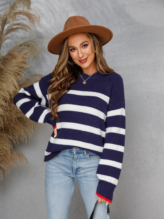 Angel Wings Striped Round Neck Dropped Shoulder Sweater Trendsi