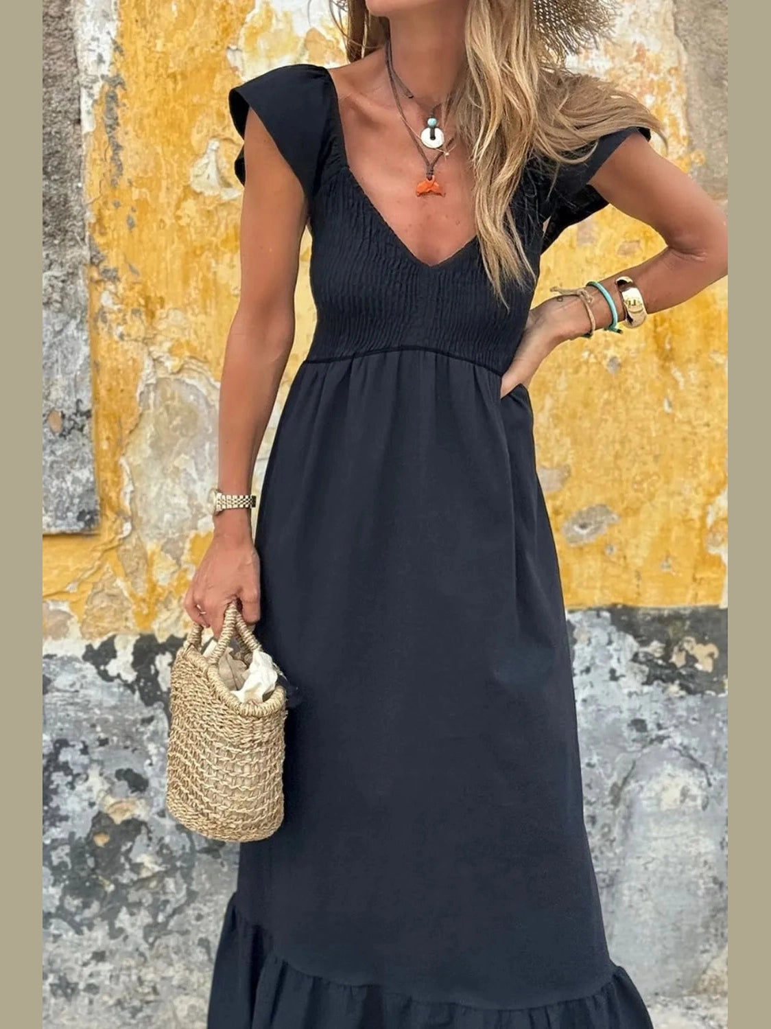 V Neck Ruffled Cap Sleeve Smocked Maxi Dress NicholesGifts