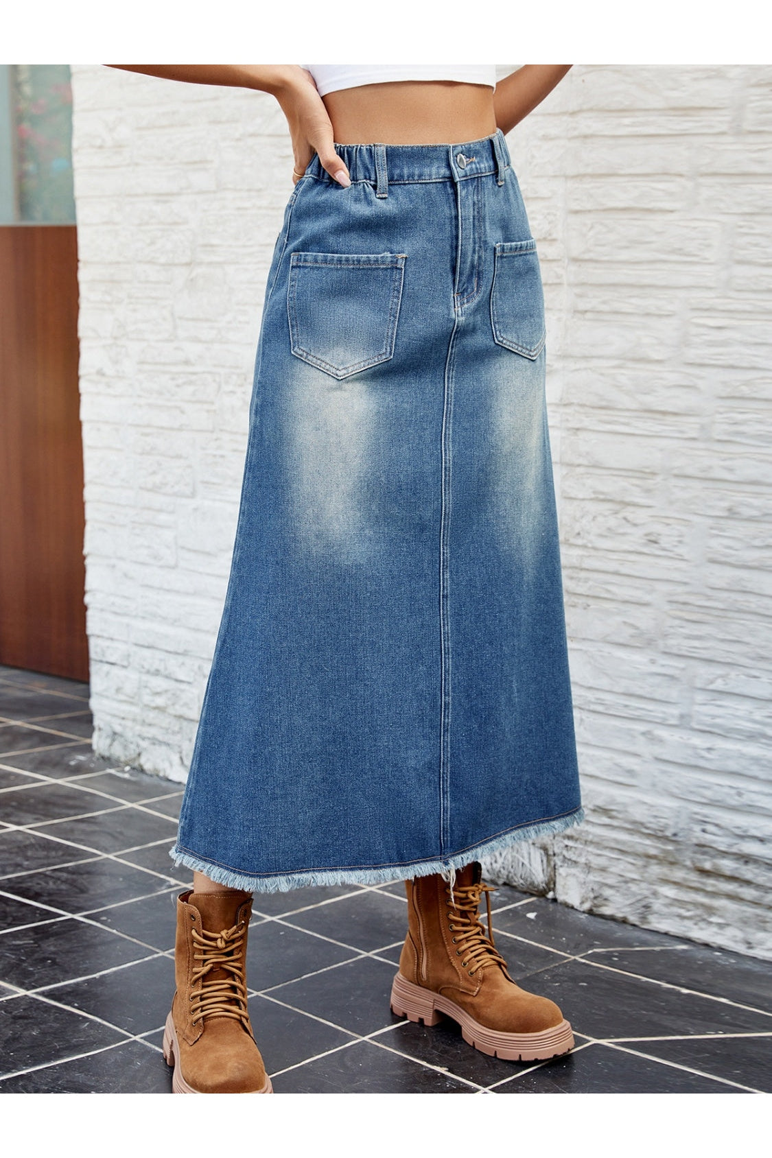 Raw Hem Buttoned Denim Skirt with Pockets nicholesgifts