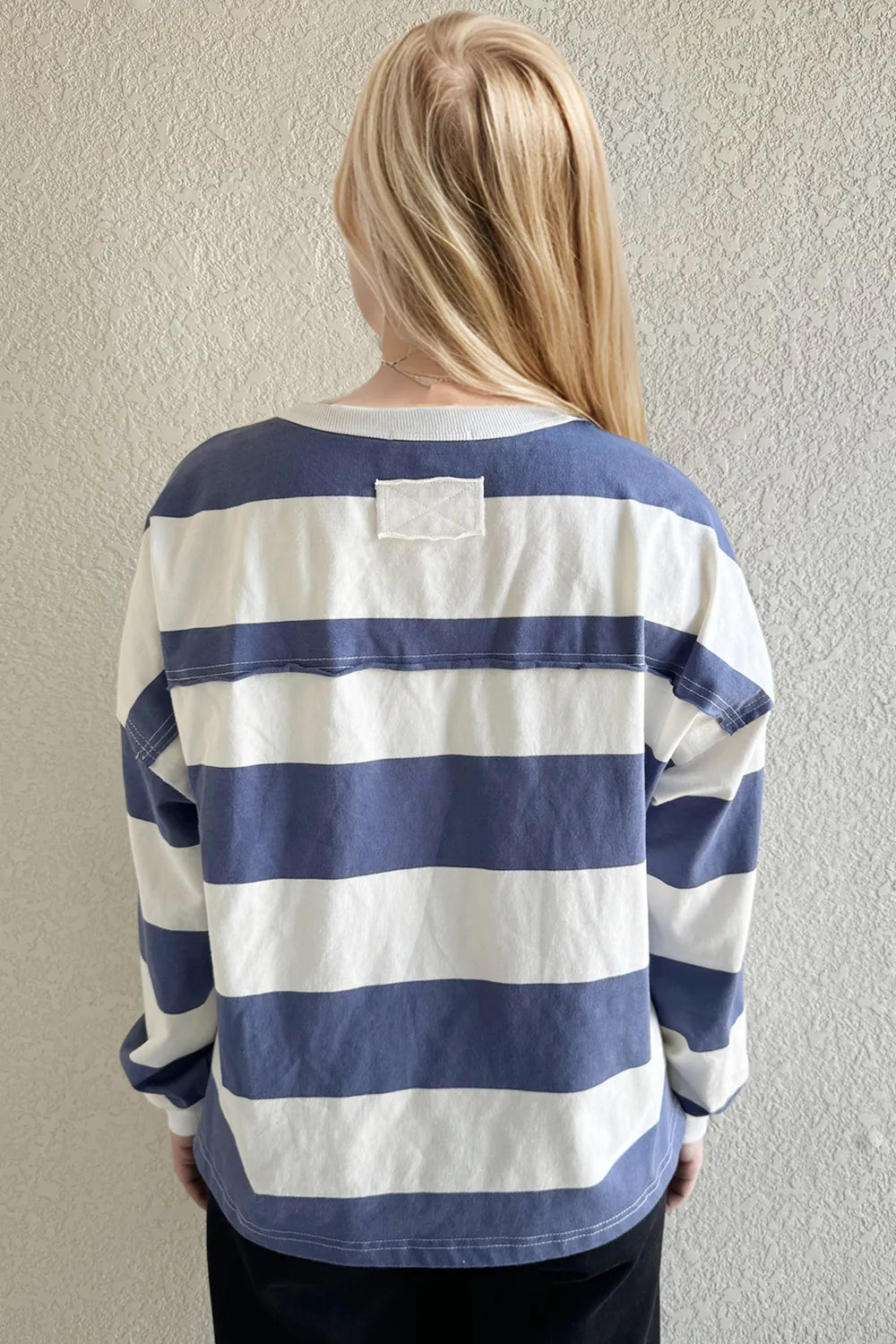 Oh Pima Cotton Wash Exposed Seam Contrast Striped Round Neck Long Sleeve T-Shirt Trendsi
