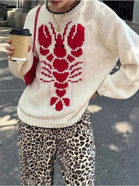 Full Size Lobster Contrast Trim Round Neck Sweater Plus Size Trendsi