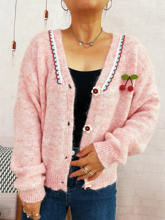 Cherry Button-Front Long Sleeve Cardigan