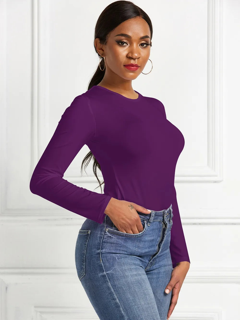 Round Neck Long Sleeve Bodysuit nicholesgifts
