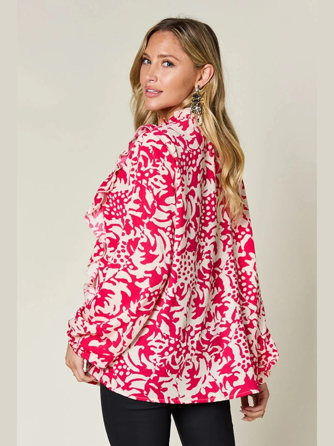 Double Take Full Size Printed Ruffle Trim Balloon Sleeve Shirt