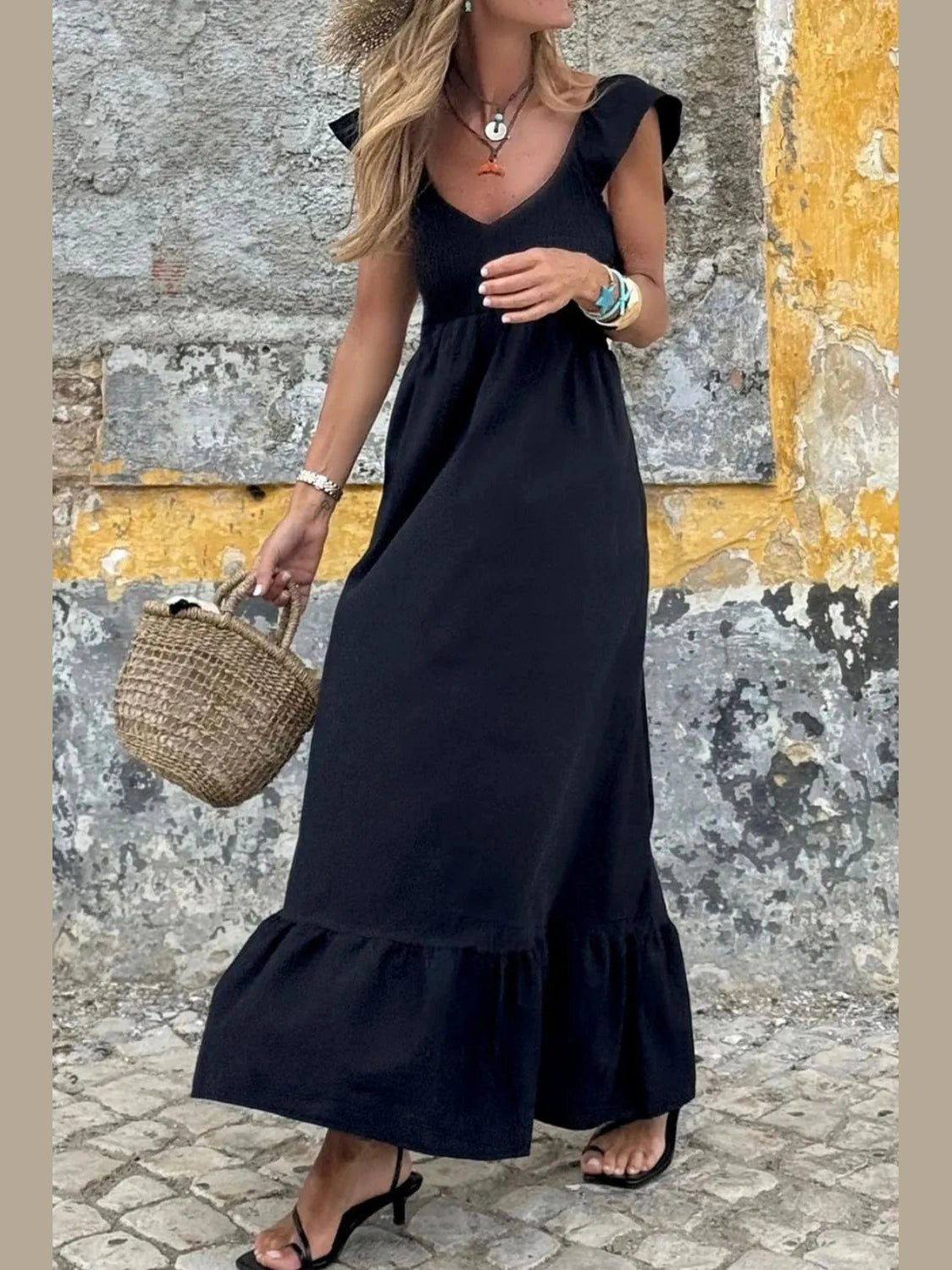 V Neck Ruffled Cap Sleeve Smocked Maxi Dress NicholesGifts