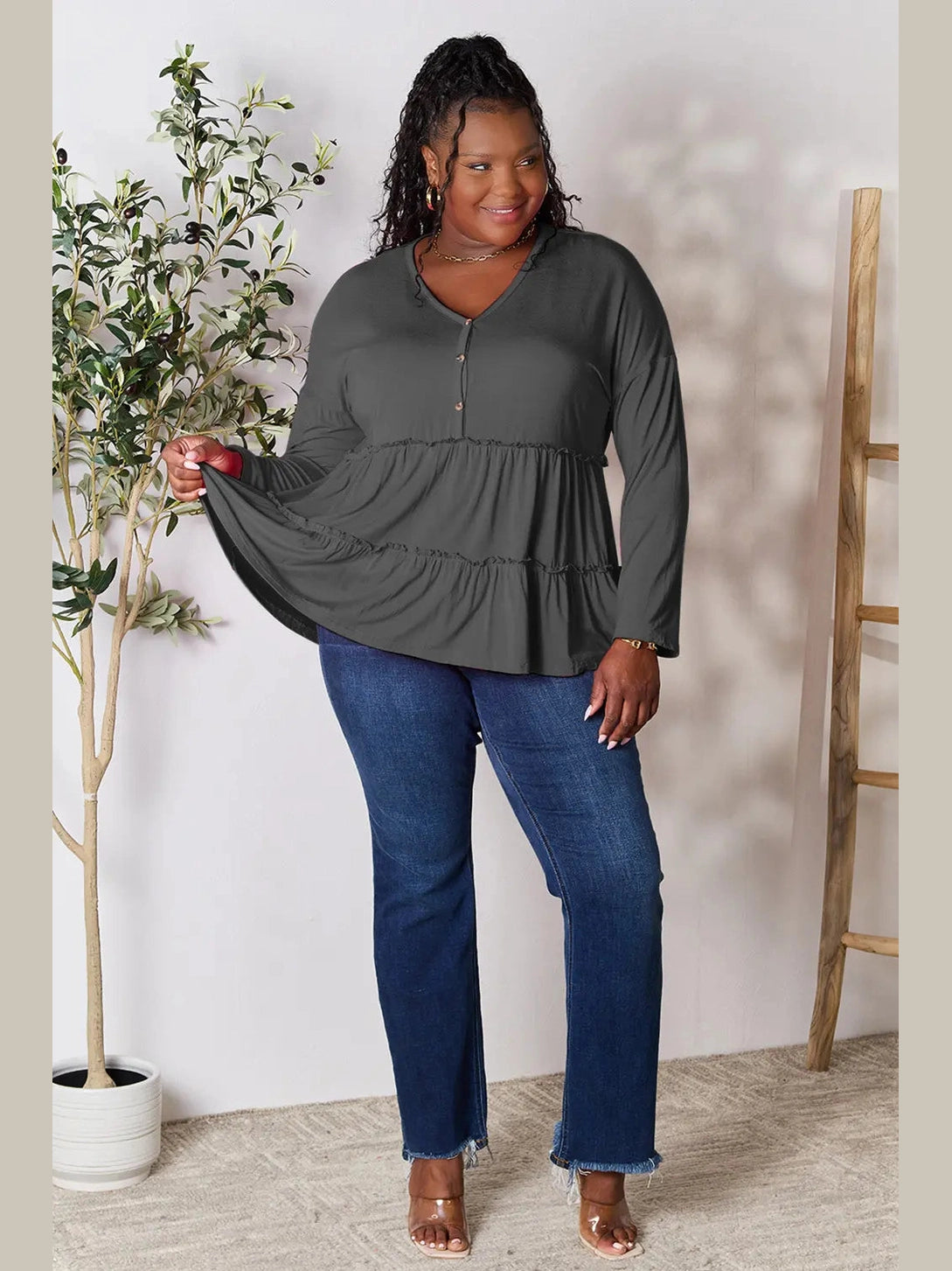 Double Take Half Button Long Sleeve Ruffle Hem Blouse nicholesgifts