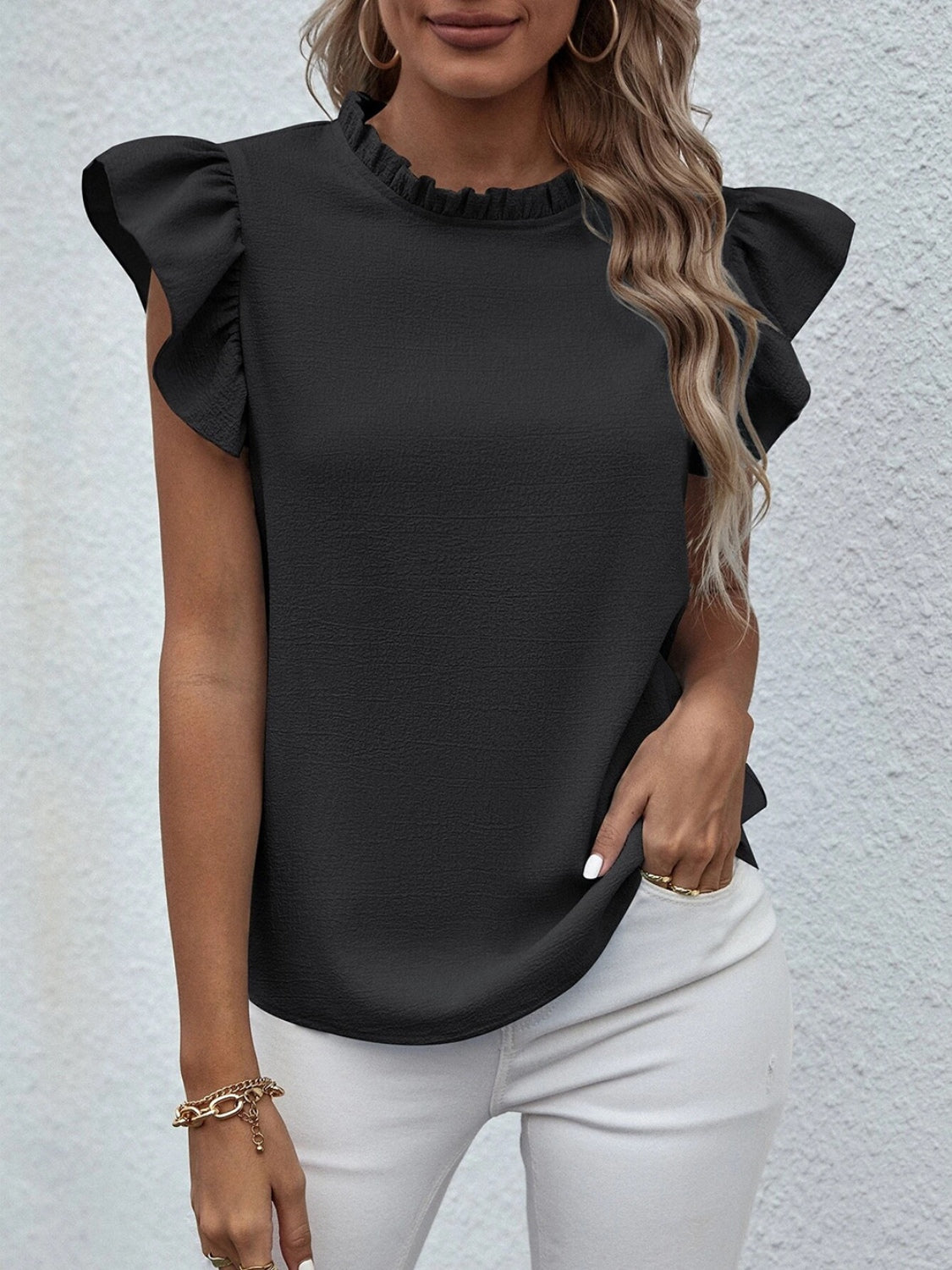 Mock Neck Ruffled Cap Sleeve Blouse nicholesgifts