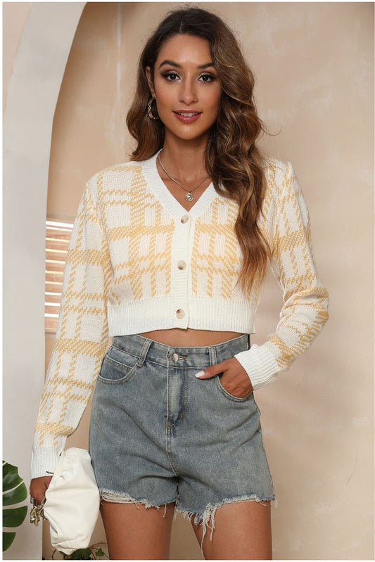 Women V-Neck Cropped Button-Up Cardigan NicholesGifts