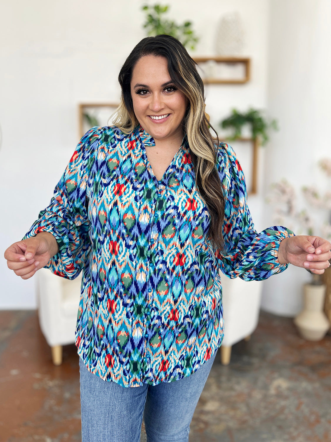 Women Double Take Full Size Printed Balloon Sleeve Blouse nicholesgifts