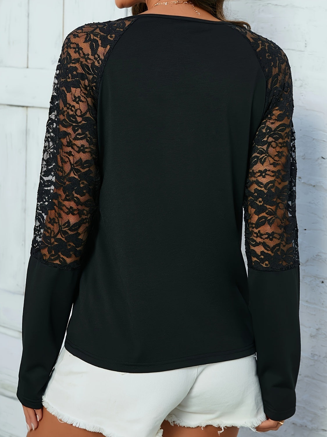 Women Lace Notched Long Sleeve Blouse nicholesgifts