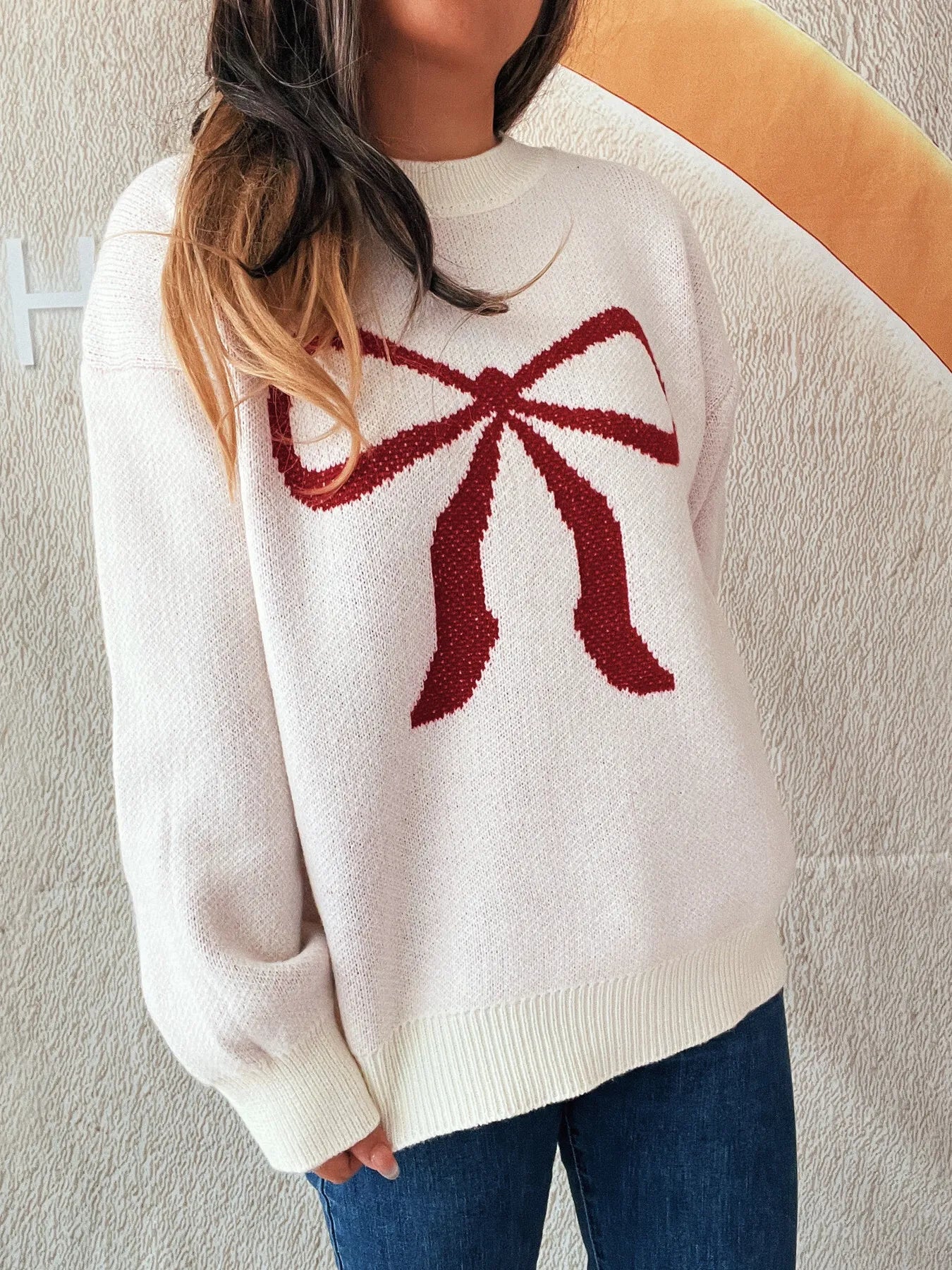Bow Pattern Casual Long Sleeve Sweater