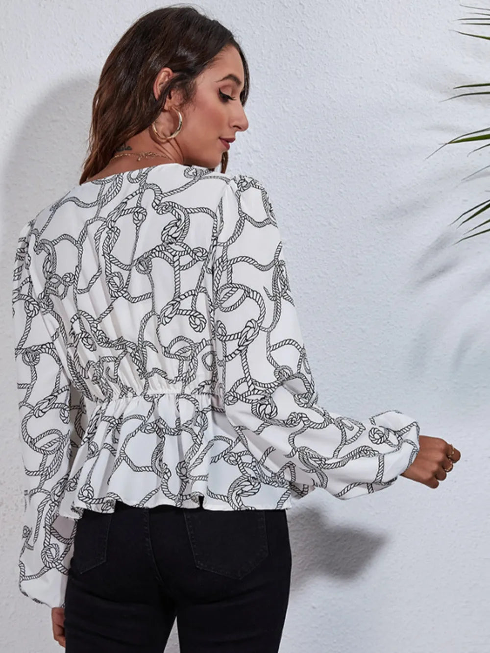 Ruched Printed V-Neck Long Sleeve Blouse nicholesgifts