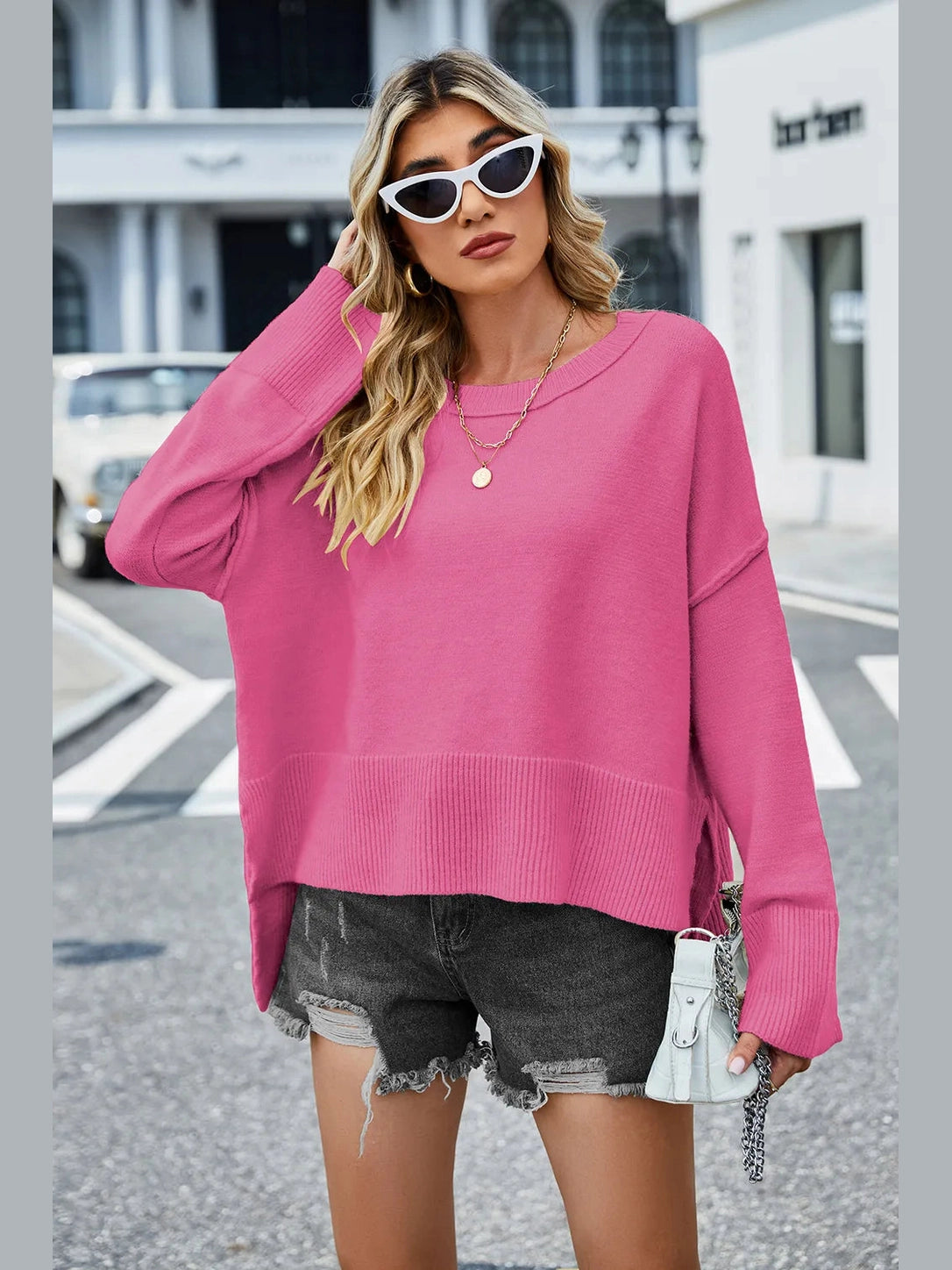 High-Low Slit Round Neck Long Sleeve Sweater nicholesgifts