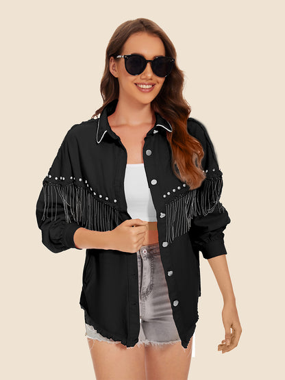 Raw Hem Fringe Detail Denim Jacket nicholesgifts