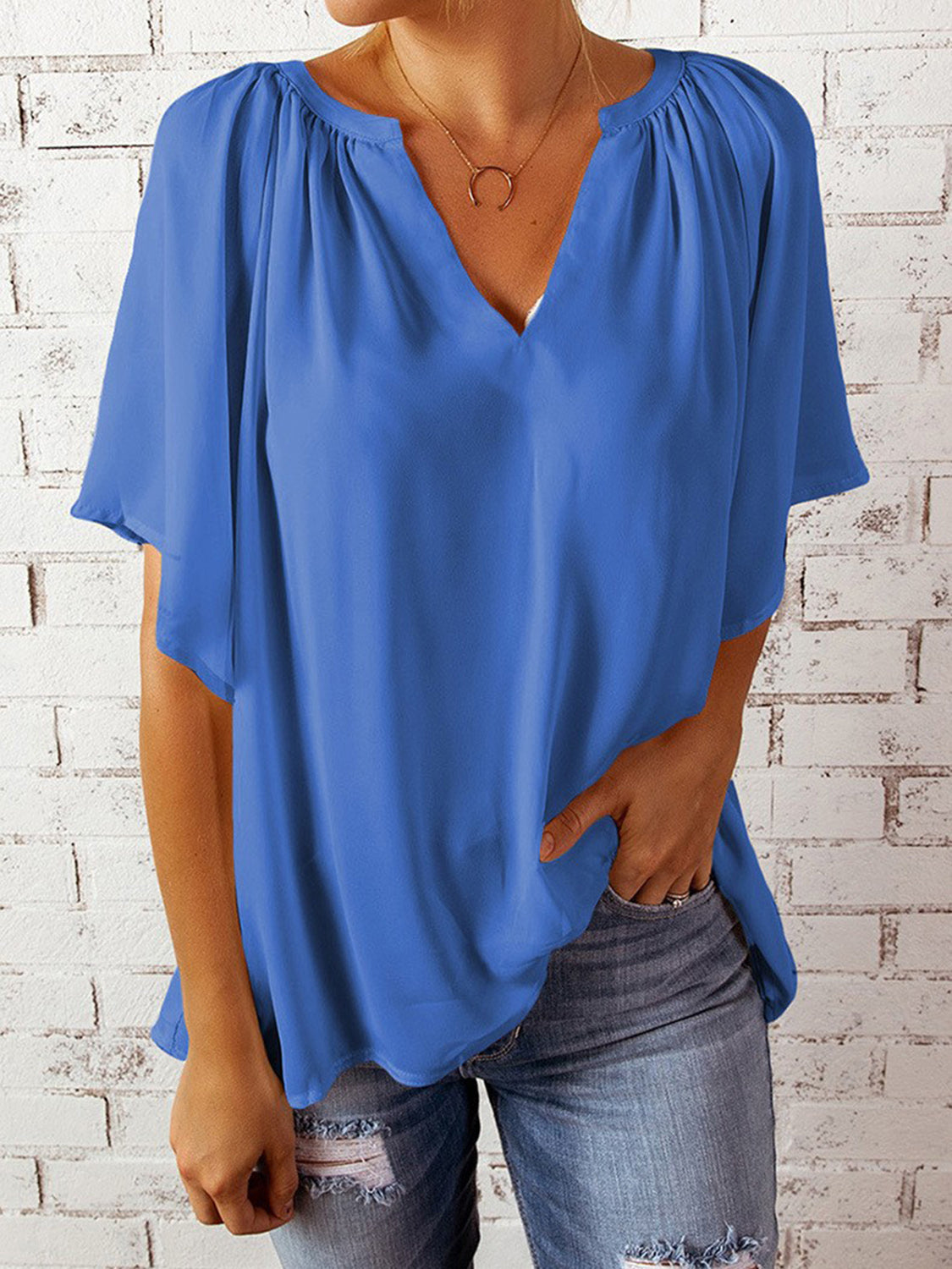 Ruched Notched Half Sleeve Blouse nicholesgifts