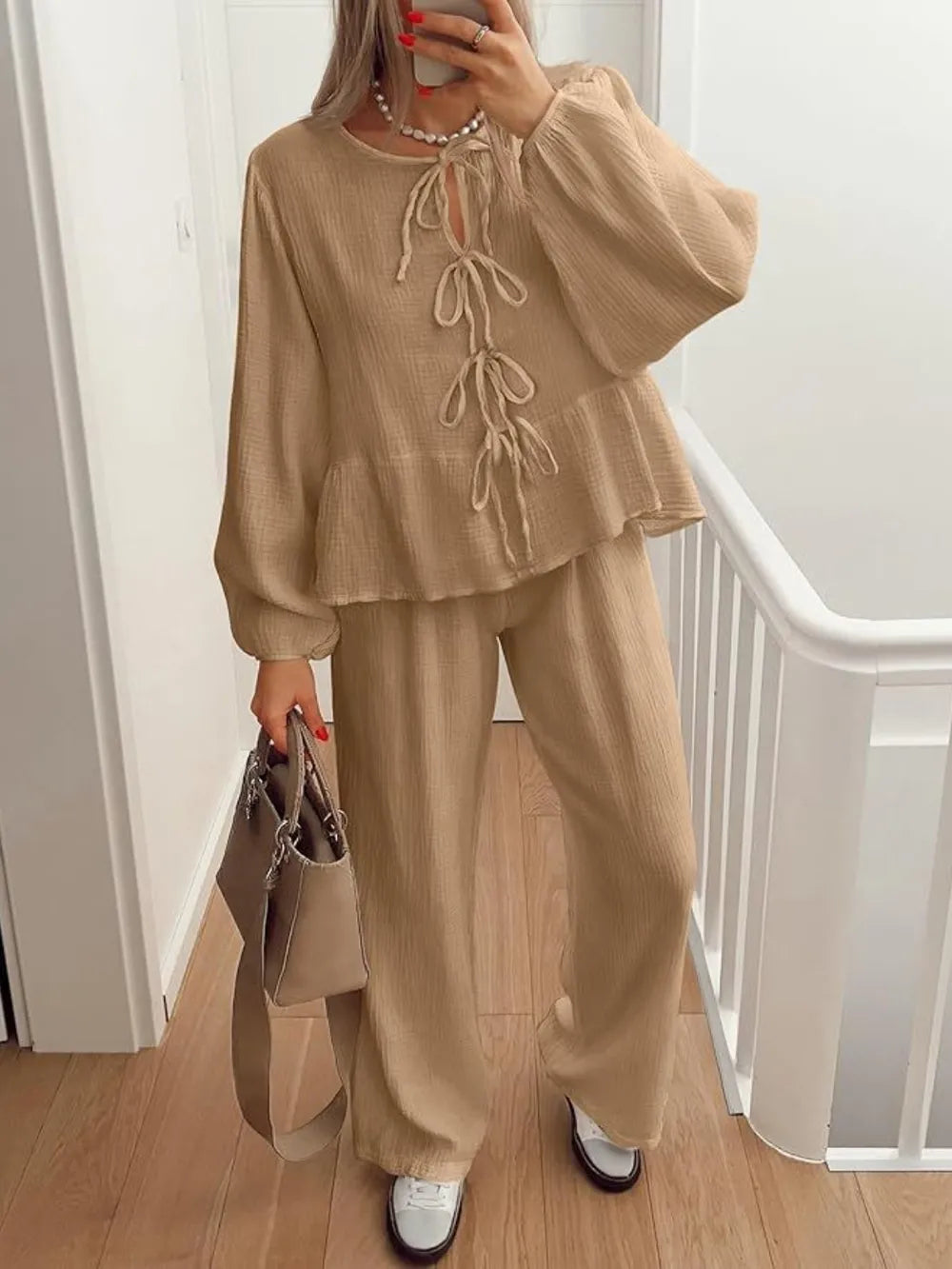 Tie Neck Balloon Sleeve Top and Pants Set nicholesgifts