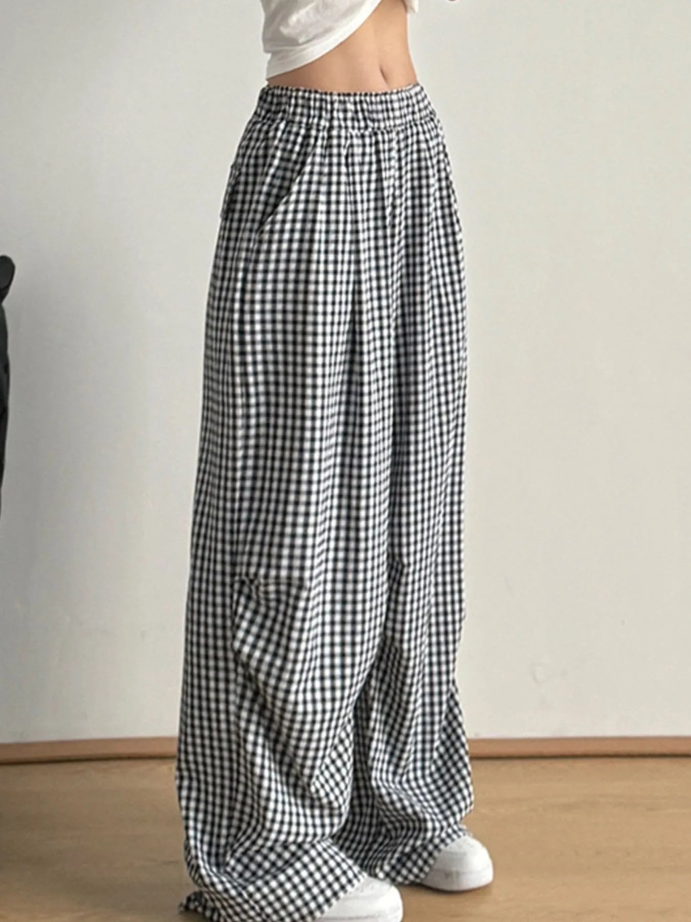 Gingham Check Wide Leg Casual Pants Trendsi
