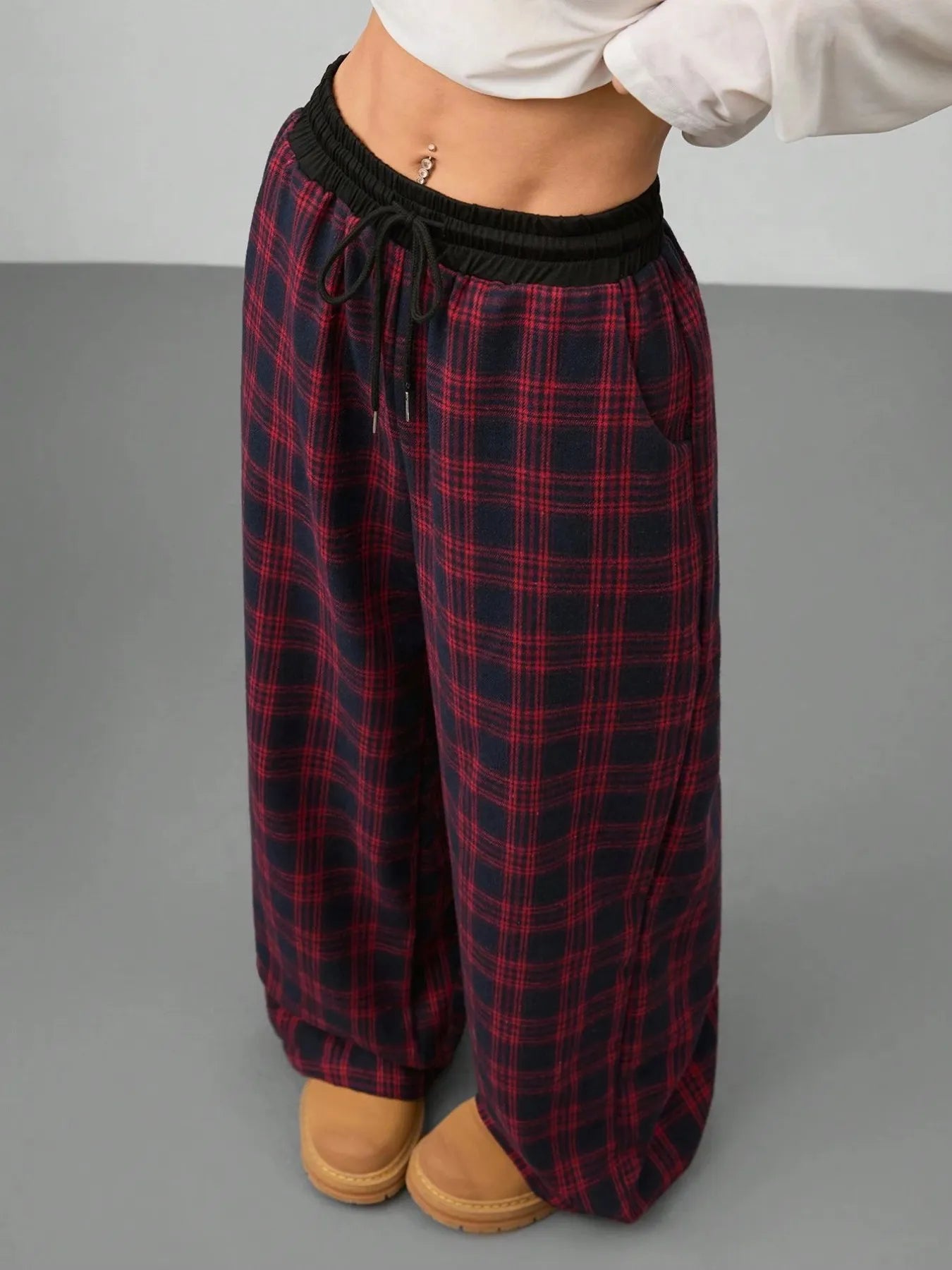 Plaid Wide Leg Pants with Drawstring Waist Trendsi