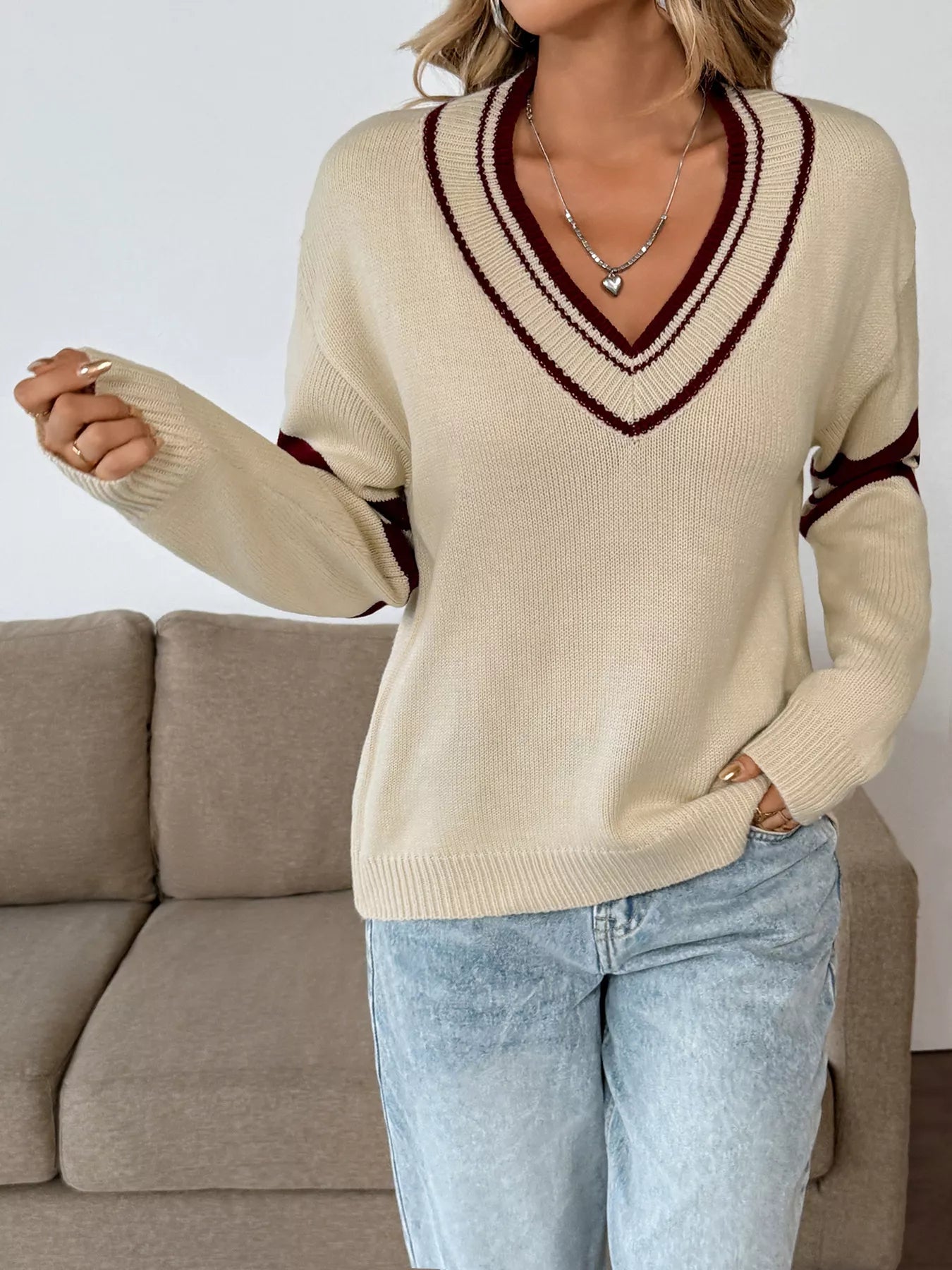 Contrast Trim V-Neck Long Sleeve Sweater Trendsi