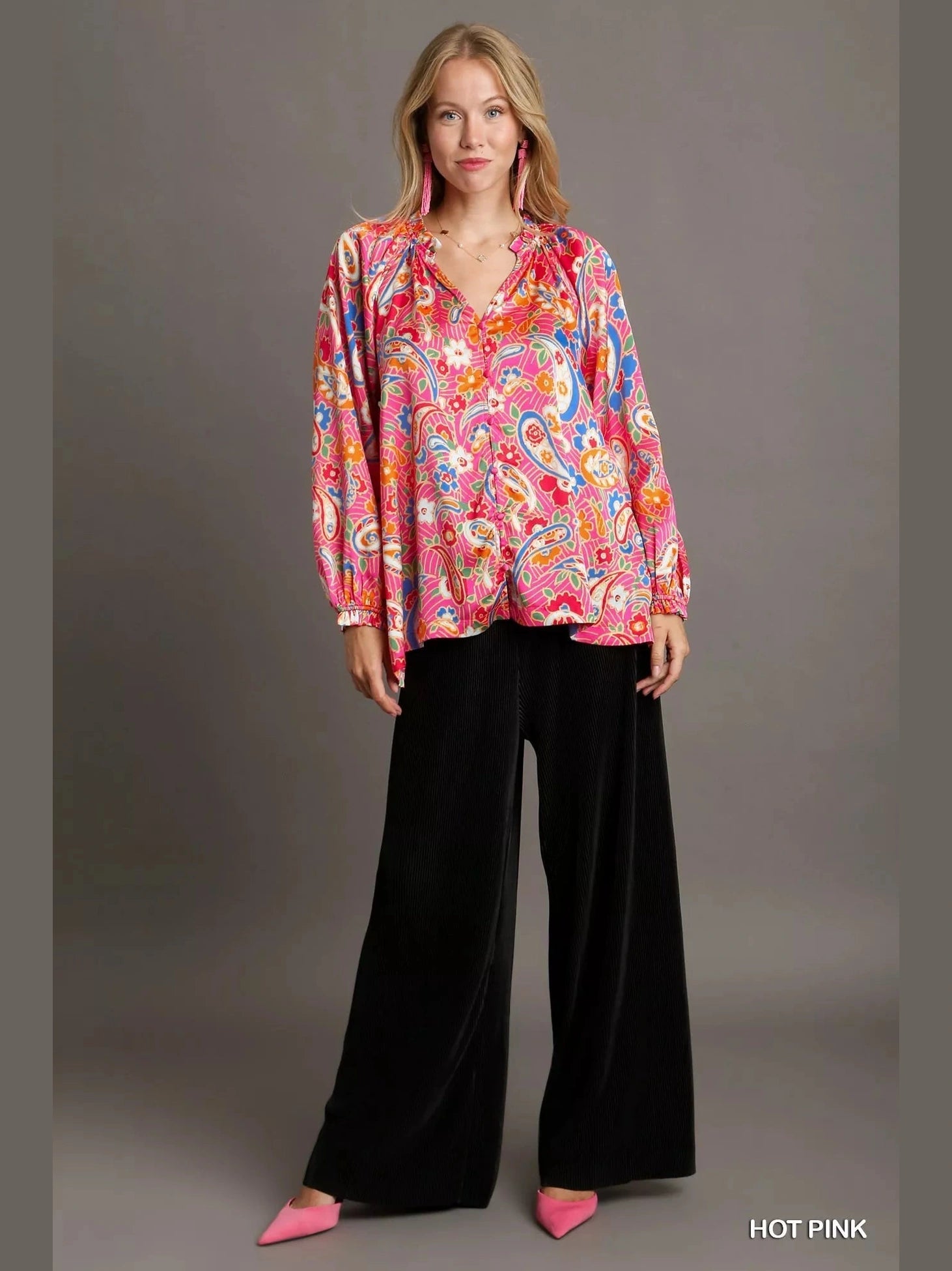 Umgee Full Size Satin Paisley Ruffle Neck Button-Up Shirt Plus Size NicholesGifts