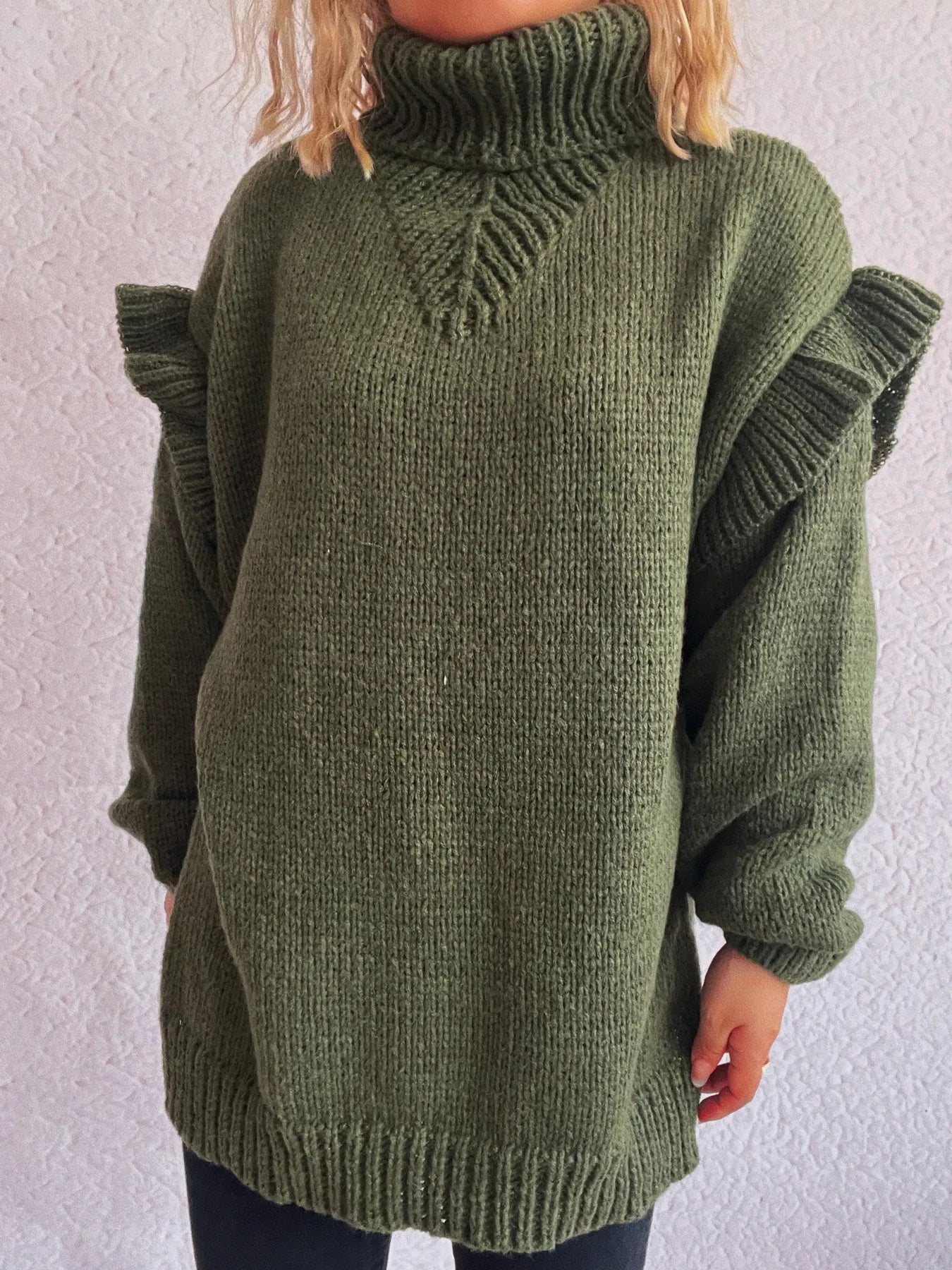 Women Ruffled Turtleneck Long Sleeve Sweater