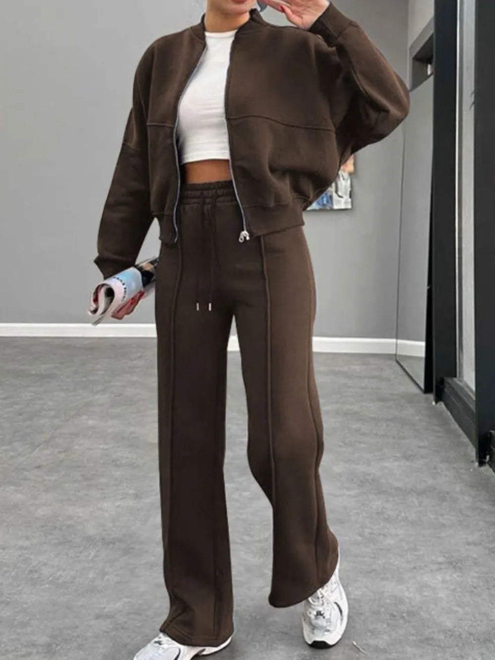 Baseball Collar Zip Up Outerwear and Drawstring Pants Set nicholesgifts