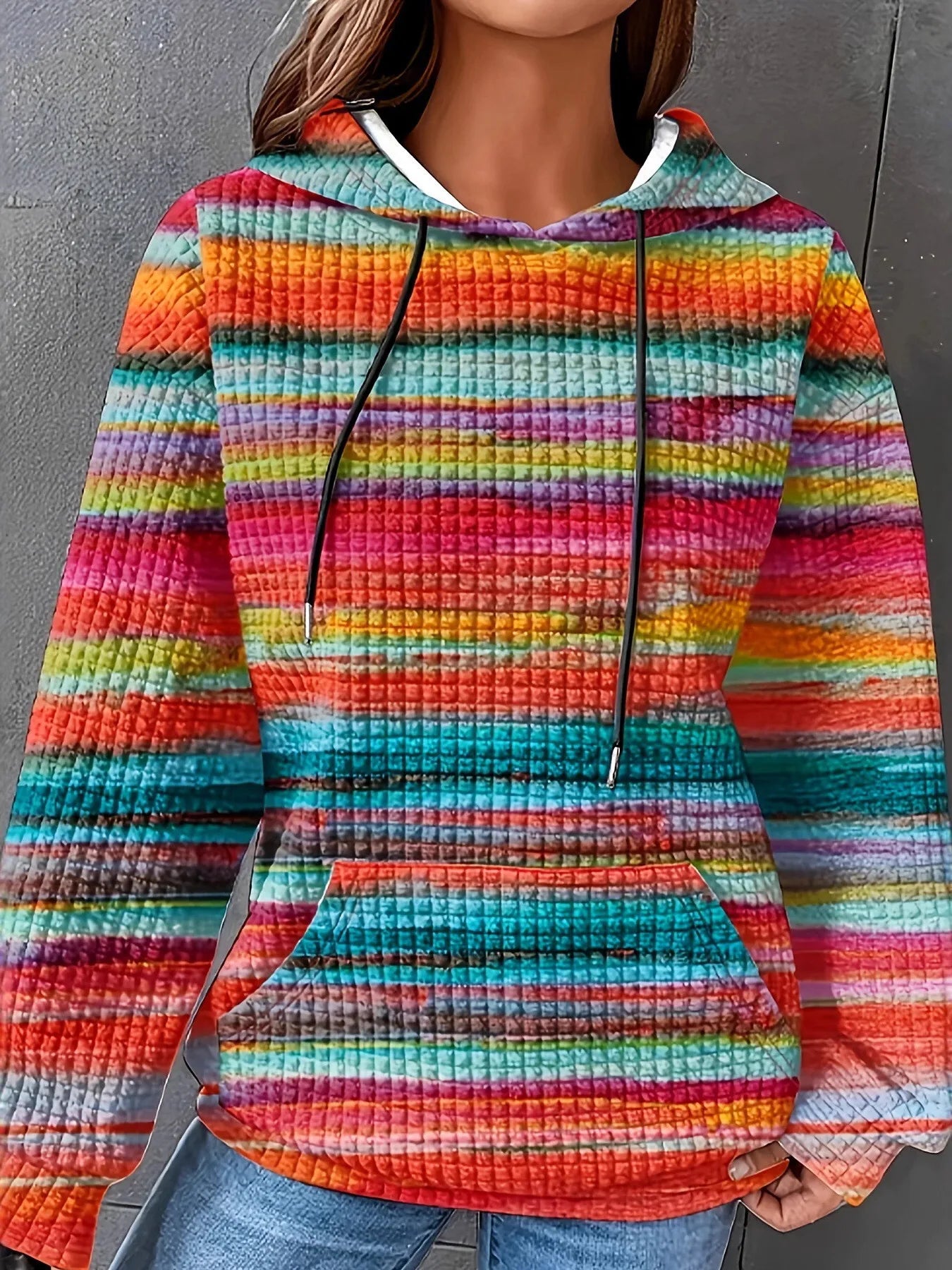 Drawstring Striped Kangaroo Pocket Hoodie