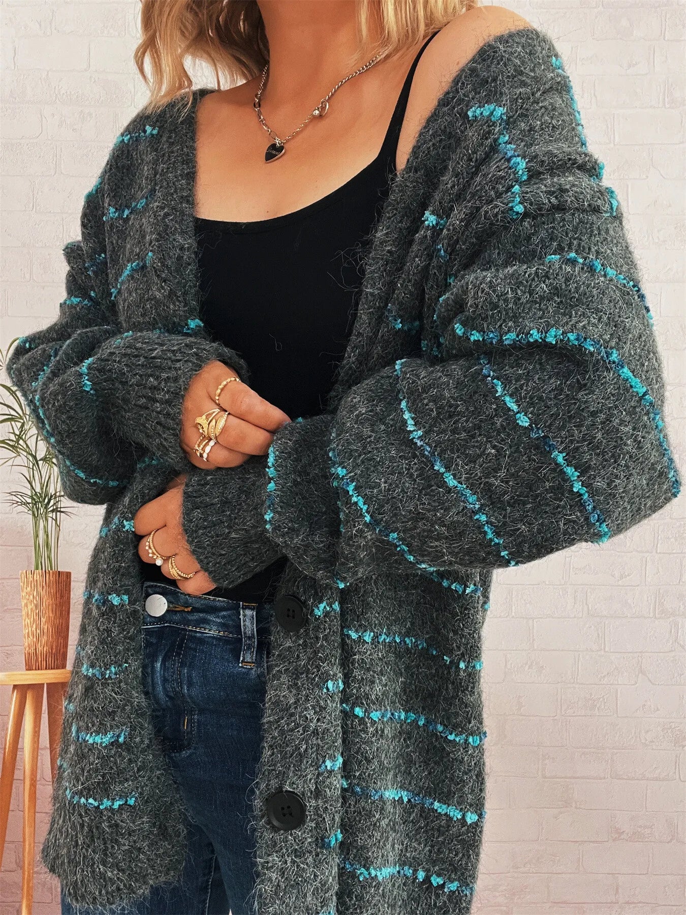 Striped Button-Up Cardigan with V-Neck Design