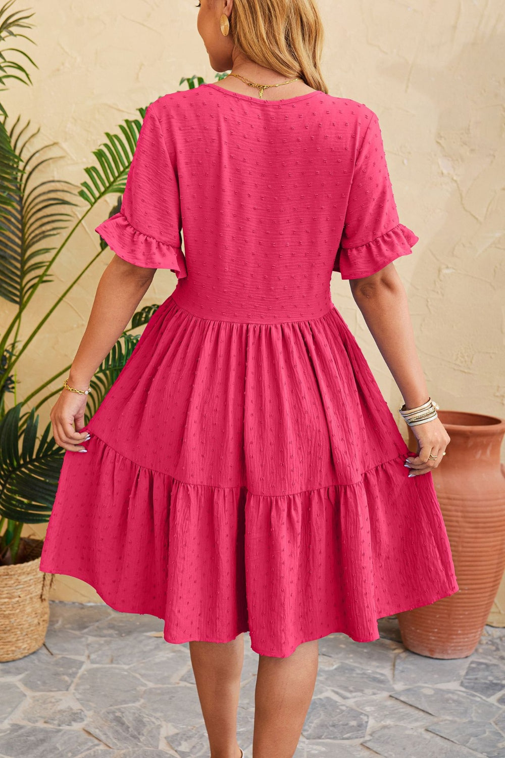 Women Swiss Dot Ruffled V-Neck Tiered Dress nicholesgifts