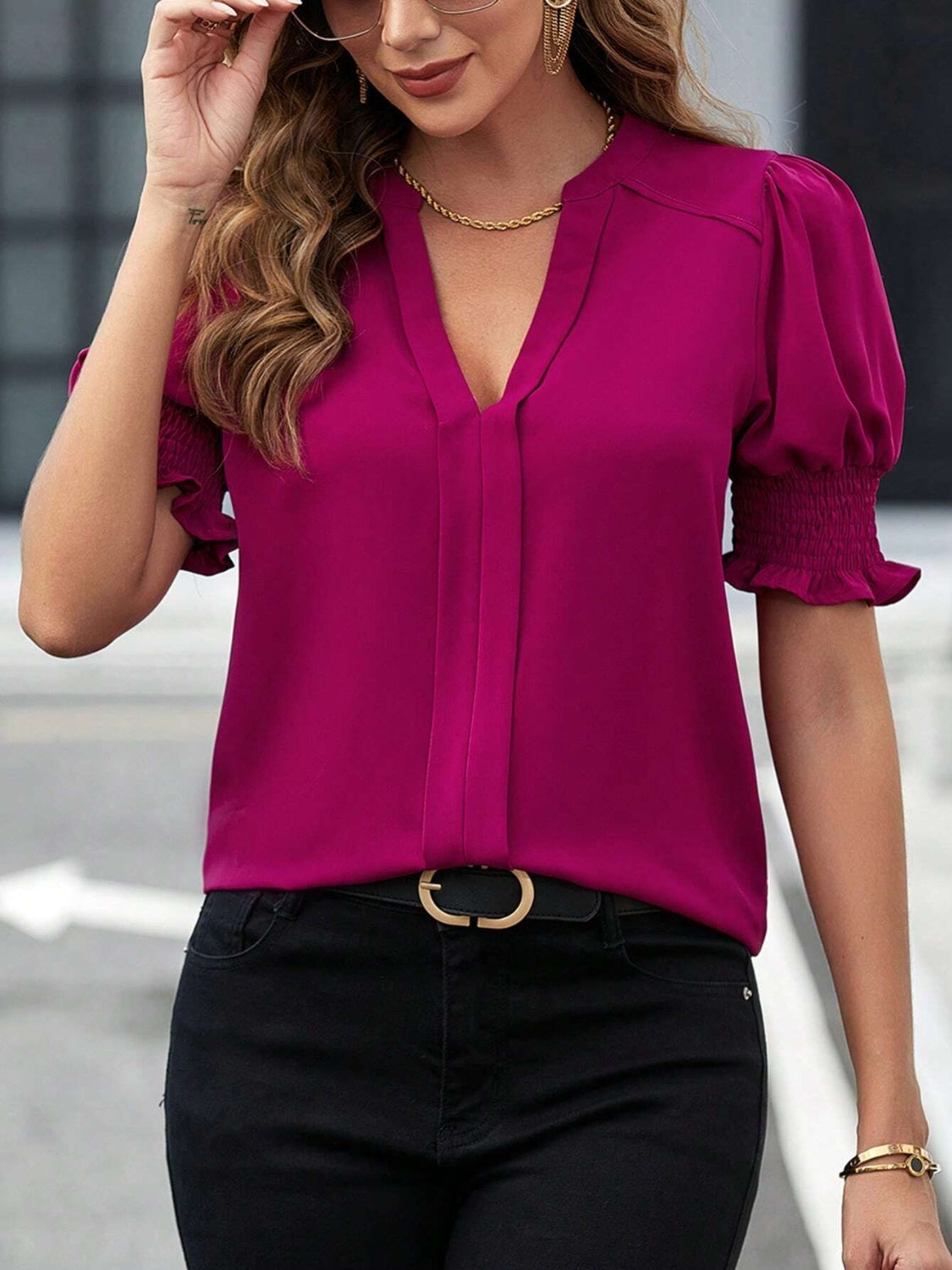 Notched Short Sleeve Blouse nicholesgifts