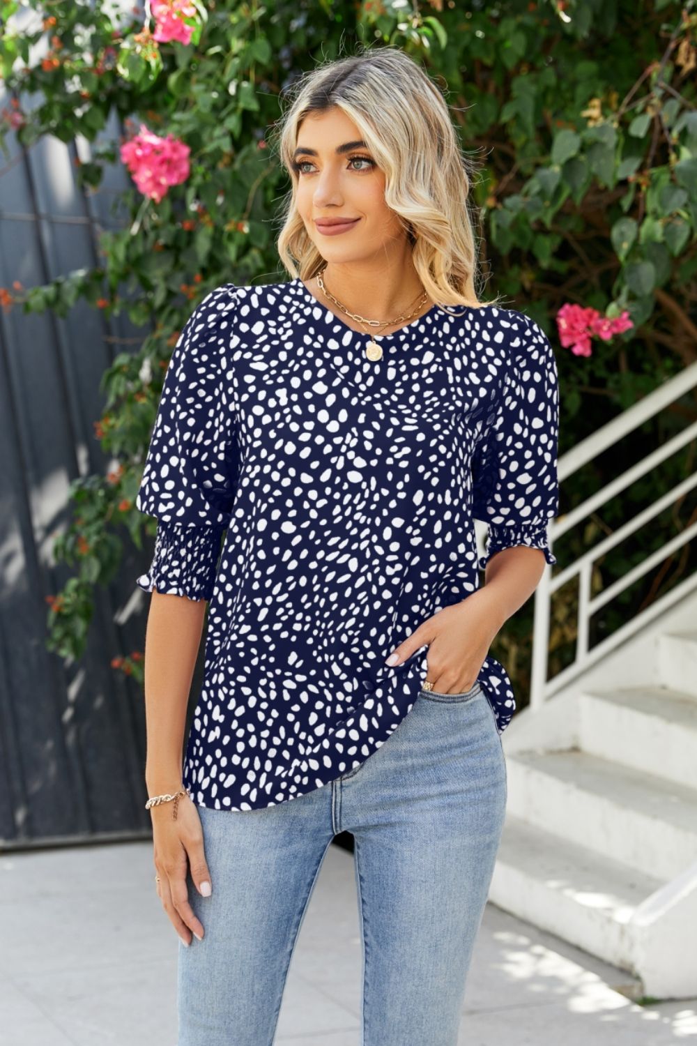 Polka Dot Round Neck Lantern Sleeve Blouse nicholesgifts