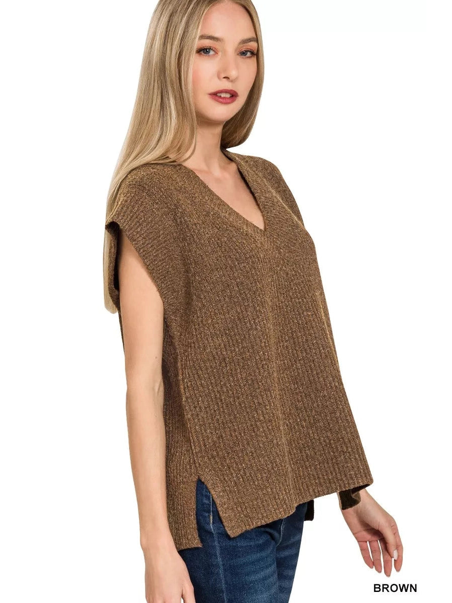 Zenana Ribbed Slit V-Neck Sweater Vest nicholesgifts