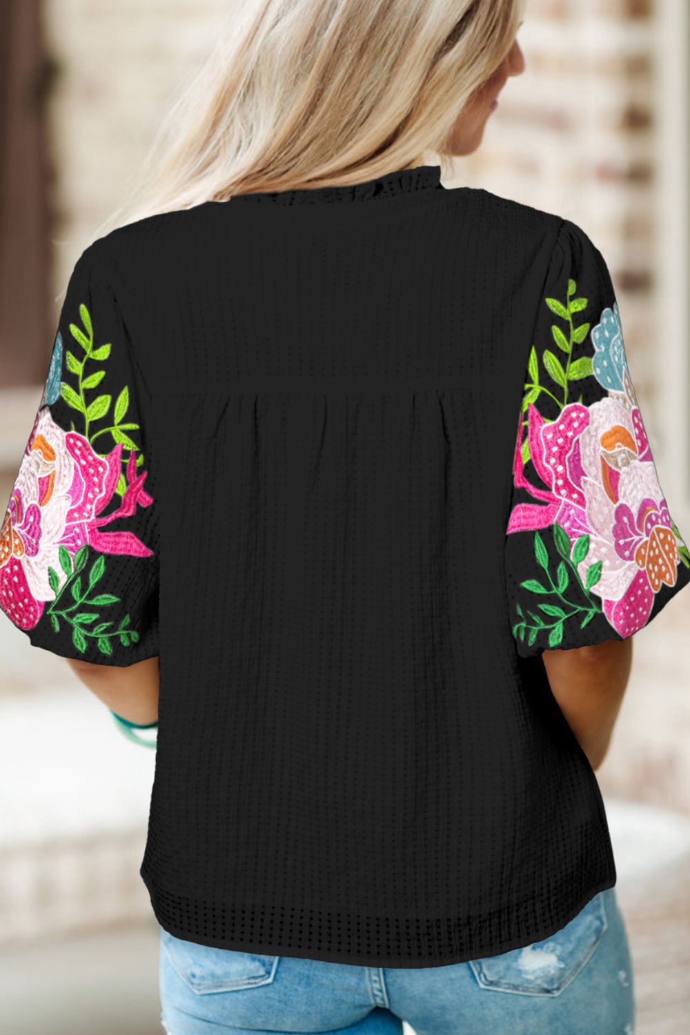 Embroidered Notched Puff Sleeve Blouse nicholesgifts