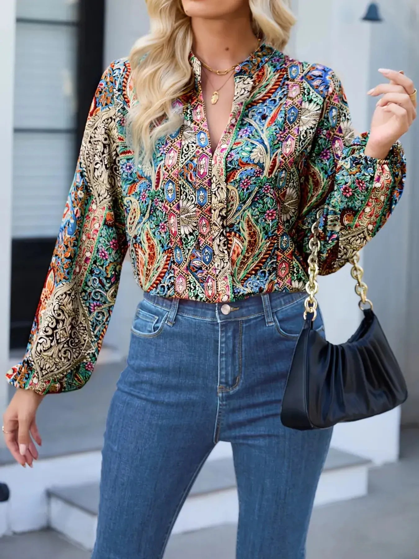 Women Printed Notched Balloon Sleeve Blouse