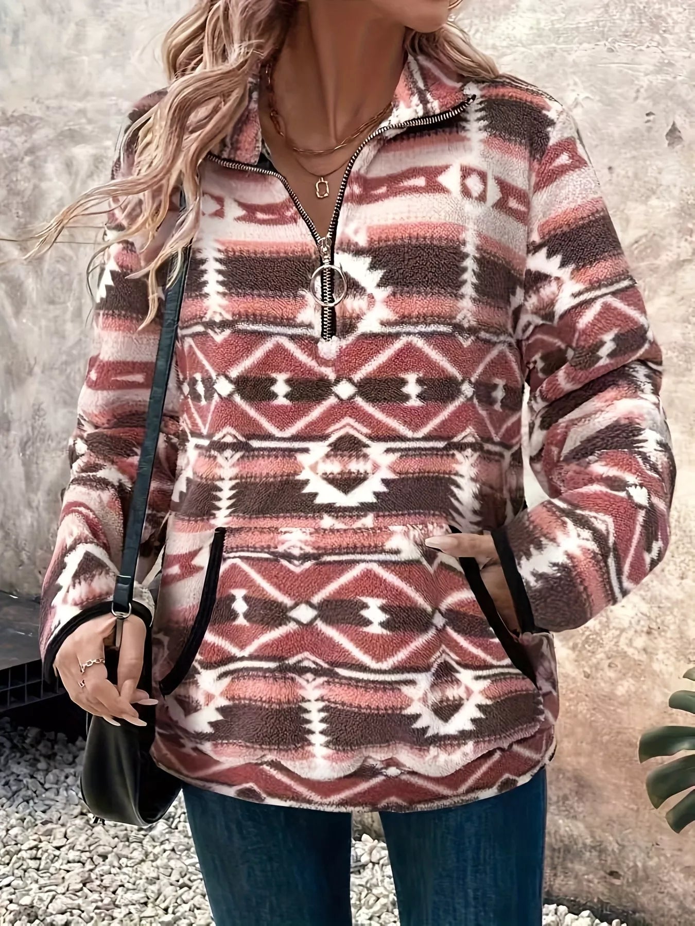 Geometric Half Zip Long Sleeve Sweatshirt nicholesgifts